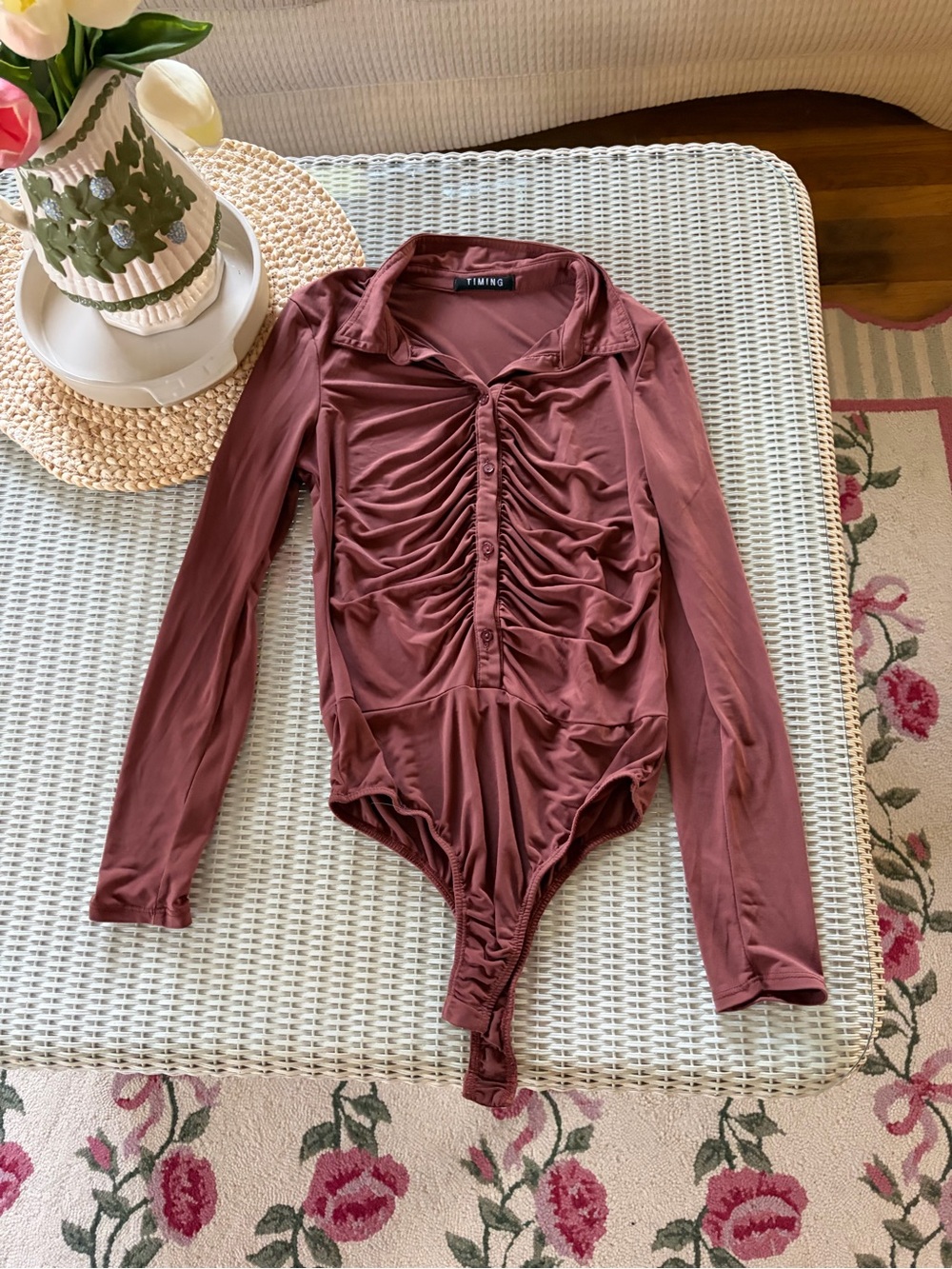Timing Ruched Button-Front Long-Sleeve Bodysuit in Mauve